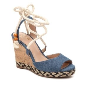 Mix No 6 Denim Strappy Tie Up Wedge Sandal Size 9